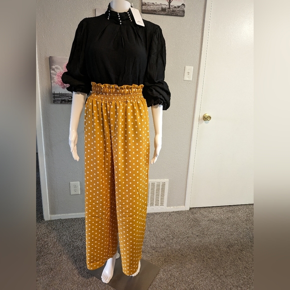 Polka dot print Shirred pants,stand Collar Flounce long sleeve shirt, dress - Picture 3 of 7